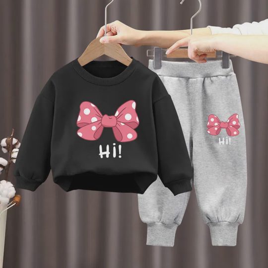 【18M-10Y】2-piece Girls Multicolor Bow Print Long-sleeved Sweatshirt And Pants Set - 34430