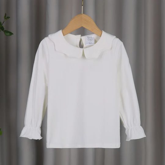 【6M-6Y】Girls Versatile Solid Color Peter Pan Collar Lace-Trim Long-Sleeve Cotton T-Shirt