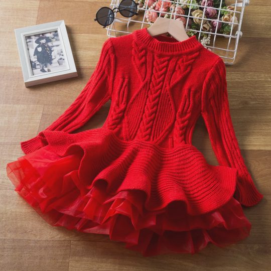 【2Y-7Y】Girls Christmas Long Sleeve Puffy Knit Dress