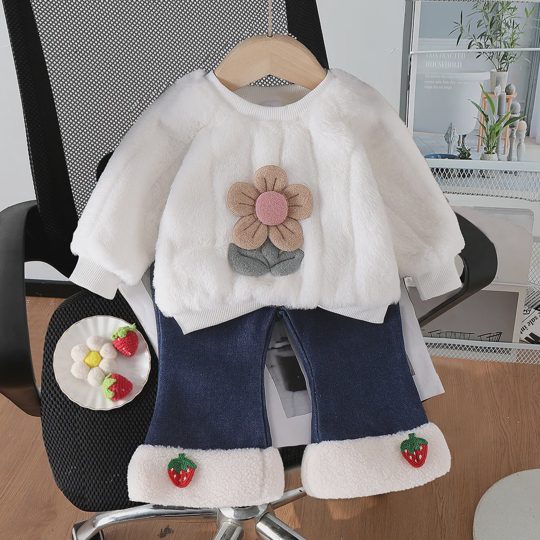 【6M-3Y】Girls Cute Strawberry And Flower Fleece Pullover Sweatshirt And Pants Set