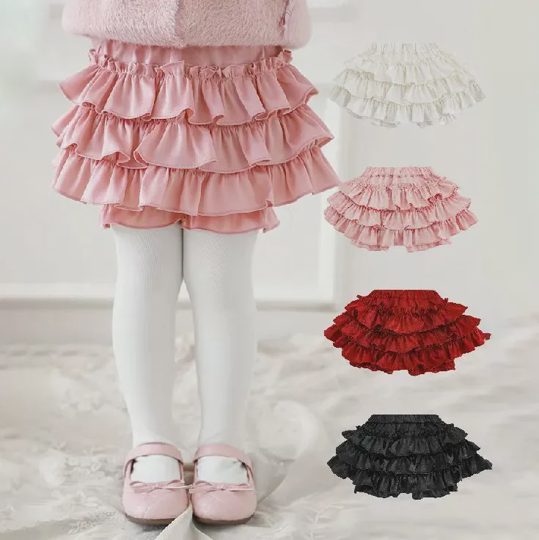 【12M-8Y】Girls Stylish Multi-Layered Ruffled Solid Color Skirt