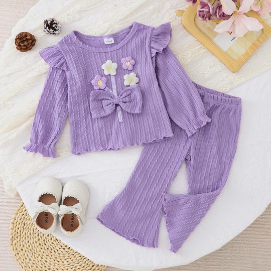 【9M-3Y】Girls' Bow Cable Knit Long-Sleeve Top & Pants Two-Piece Set