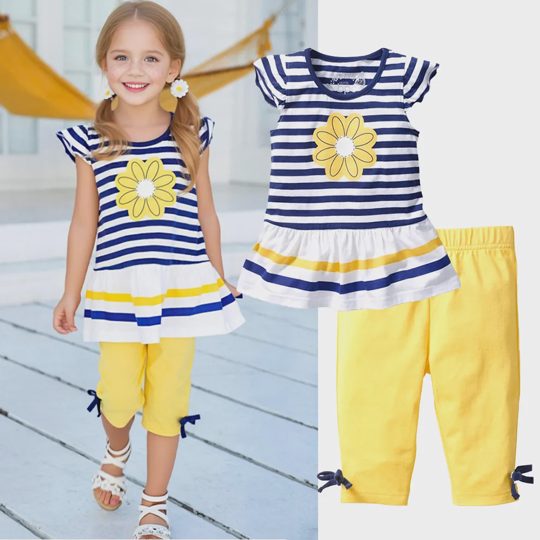 【9M-6Y】2-piece Girls Striped Floral Print T-shirt And Leggings Set - 34619