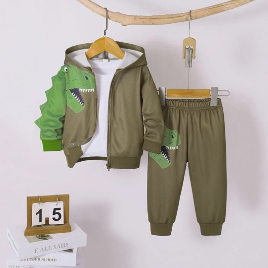 【6M-3Y】Boys Fleece Hooded Dinosaur Print Zip-Up Long Sleeve Top & Pants