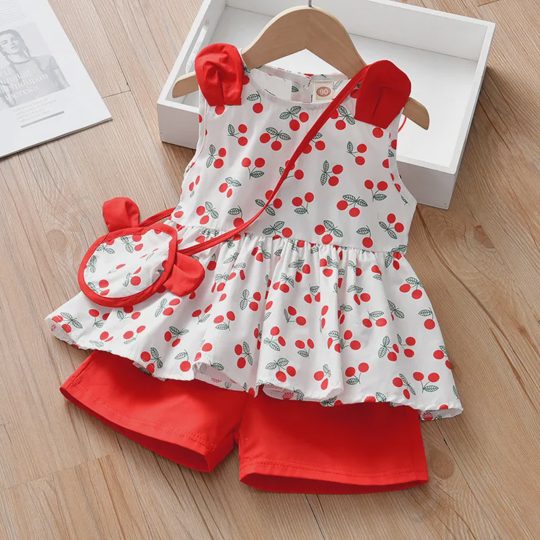 【12M-5Y】Girl Sweet Cherry Print Color Block Sleeveless Top And Shorts Set With Bag - 34398