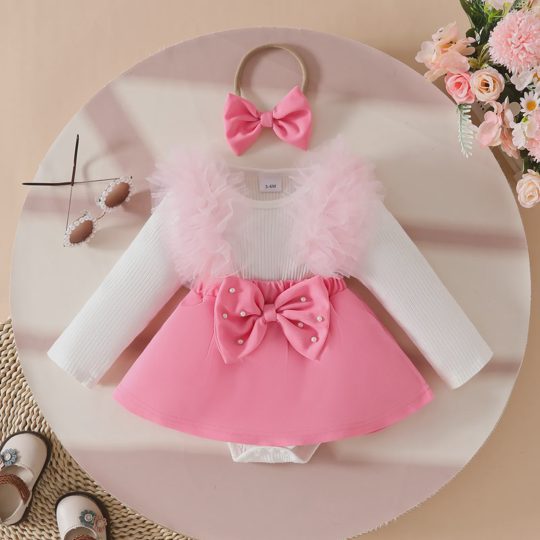 【0M-18M】Girls' Long Sleeve Ribbed Mesh Bow Beaded Romper Dress Set