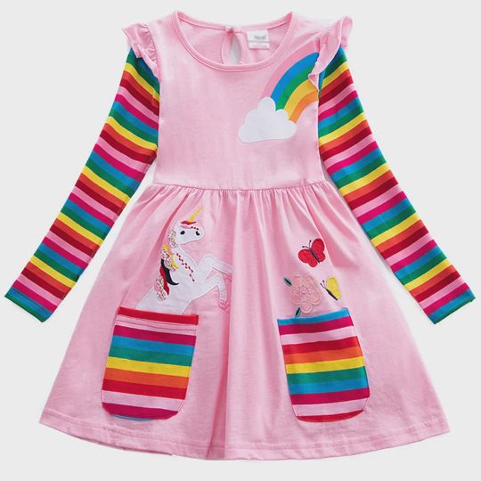 【3Y-8Y】Girl Sweet Rainbow Unicorn Pattern Long Sleeve Dress