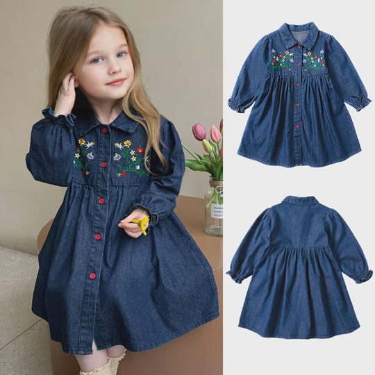 【18M-8Y】Girls Sweet Floral Embroidery Lapel Denim Dress