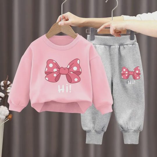 【18M-10Y】2-piece Girls Multicolor Bow Print Long-sleeved Sweatshirt And Pants Set - 34430