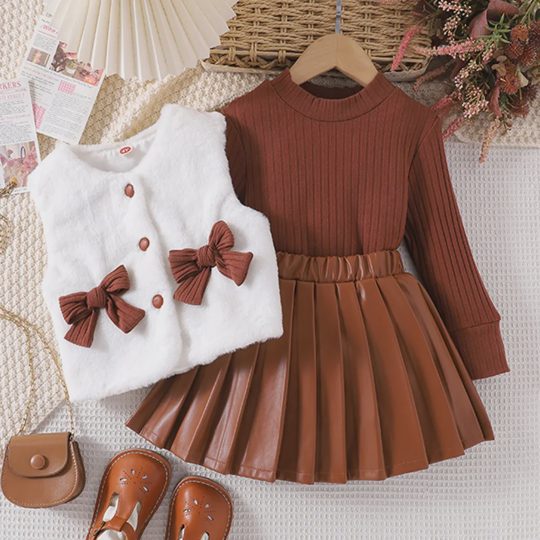 【2Y-7Y】3-piece Girls Sweet Cotton Long Sleeve T-Shirt Faux Fur Gilet And Pleated Leather Skirt Set