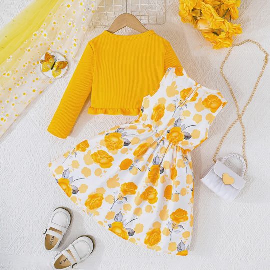 【2Y-8Y】2-piece Girls Sweet And Cute Floral Print Sleeveless Dress And Yellow Cardigan Set