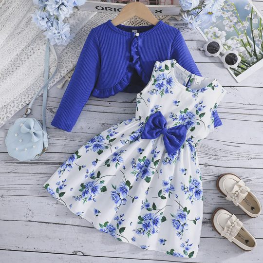 【2Y-8Y】2-piece Girls Elegant Floral Print Bowknot Sleeveless Dress And Ruffled Long Sleeve Top Jacket Set