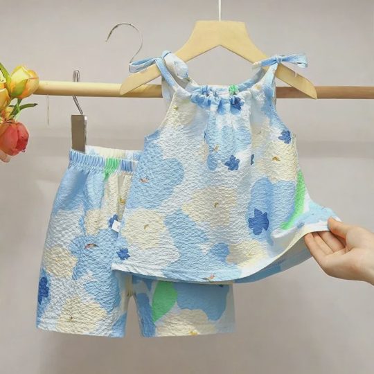 【12M-6Y】Girls' Floral Tie-Dye Oil Painting Style Camisole + Shorts Set