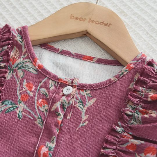 【2Y-7Y】Girls Vintage Ditsy Floral Ruffle Trim Corduroy Smock Dress, Autumn/Winter