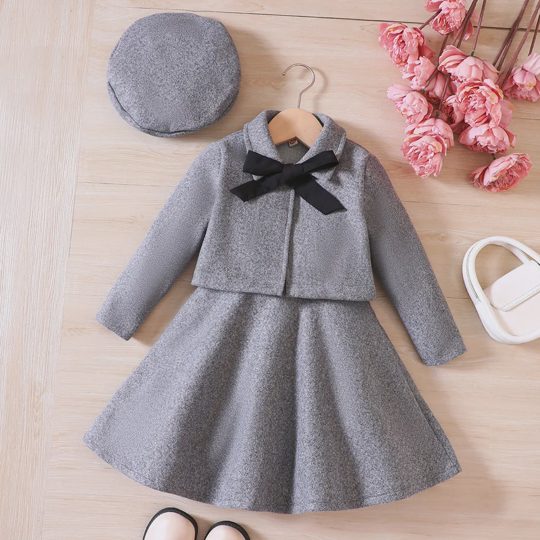 【18M-6Y】3pcs/Set Young Girl Short Jacket + Jumper Dress, Comes With Bow Beret Hat, Autumn/Winter