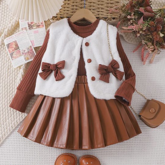 【2Y-7Y】3-piece Girls Sweet Cotton Long Sleeve T-Shirt Faux Fur Gilet And Pleated Leather Skirt Set