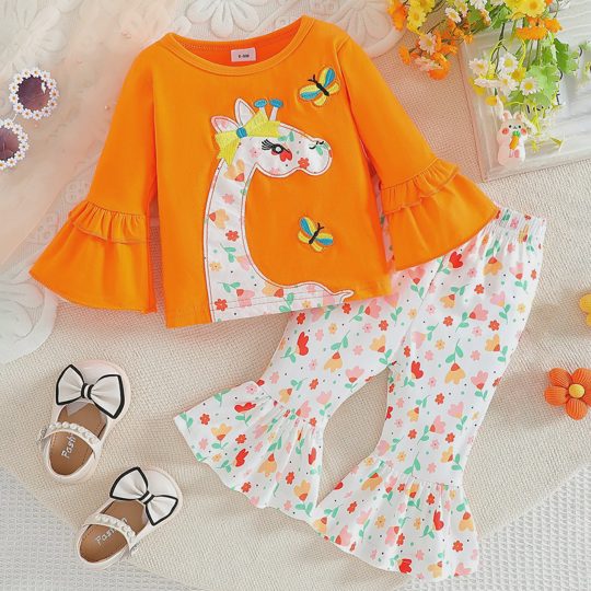 【6M-3Y】2-piece Baby Girls Cute Giraffe And Butterfly Embroidered Orange T-shirt And Pants Set