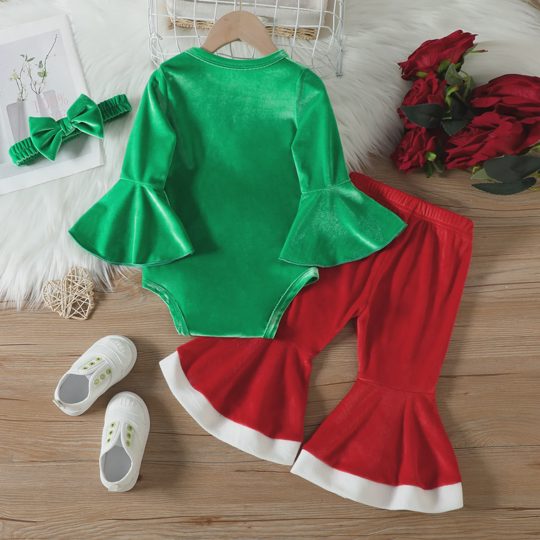 【6M-3Y】Girls' Christmas Silver Fleece Bell-Sleeve Romper Set