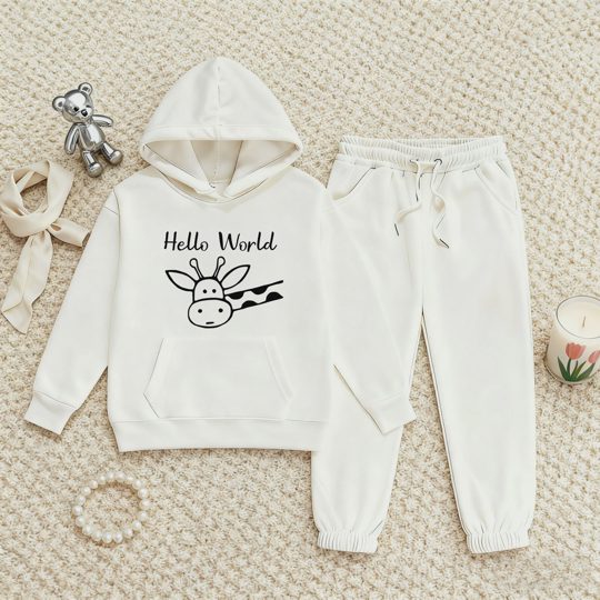 【2Y-13Y】Festive Fleece-Lined Hoodie And Jogger Set Hello World Giraffe Design For Kids