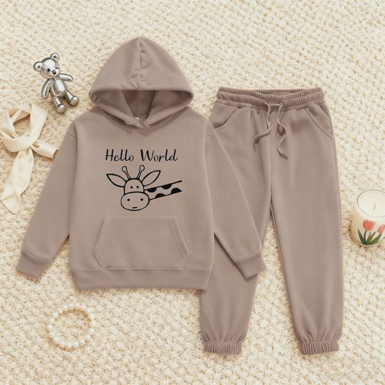 【2Y-13Y】Festive Fleece-Lined Hoodie And Jogger Set Hello World Giraffe Design For Kids