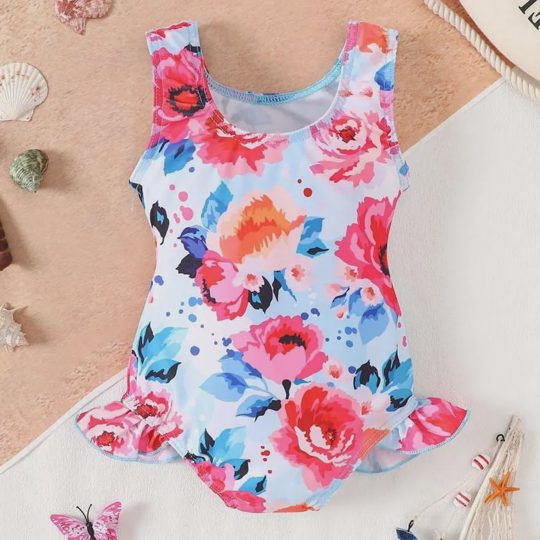 【12M-5Y】Girls' Vacation Style Dreamy Cartoon Mermaid Rainbow Flower Sleeveless Beach Bikini Swimsuit