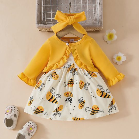 【6M-3Y】3-piece Baby Girls Cute Bee Print Dress And Ruffle Cardigan Set With Hairband