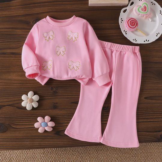 【6M-3Y】Girls Pink Long Sleeve Sweatshirt And Flared Pants Set