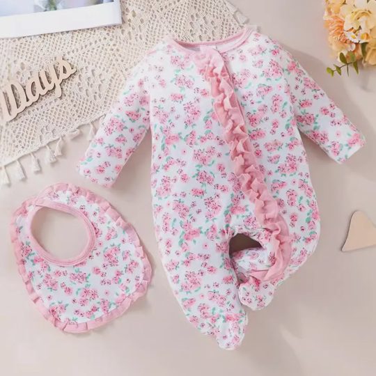 【0M-9M】2-piece Baby Girl Pink Floral Long Sleeve Romper With Bibs