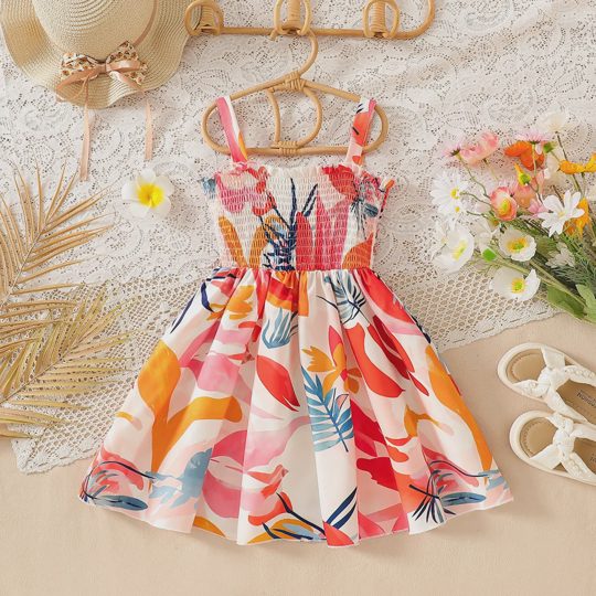 【3Y-7Y】Girls' Colorful Floral Ruched Waist Spaghetti Strap Dress