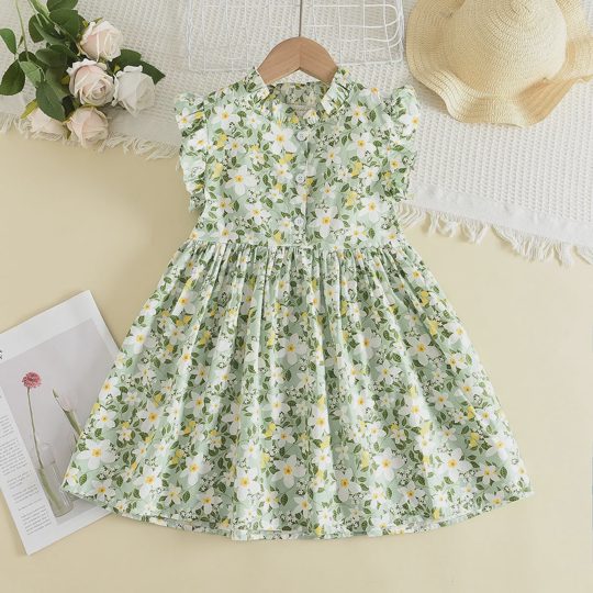 【18M-6Y】Girls' Stand Collar Flutter Sleeve Floral Button-Up Doll Dress