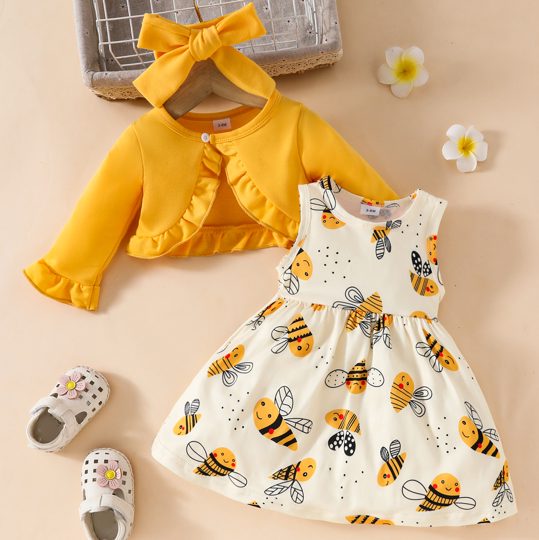 【6M-3Y】3-piece Baby Girls Cute Bee Print Dress And Ruffle Cardigan Set With Hairband