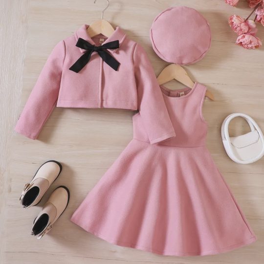 【18M-6Y】3pcs/Set Young Girl Short Jacket + Jumper Dress, Comes With Bow Beret Hat, Autumn/Winter