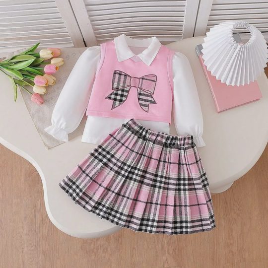 【3Y-7Y】Girls Collared Long-Sleeve Ruffle Blouse, V-Neck Embroidered Vest, And Plaid Pleated Skirt 3-piece Set