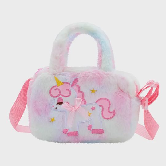 Girl Cute Fashion Faux Fur Unicorn Embroidered Square Handheld Crossbody Bag
