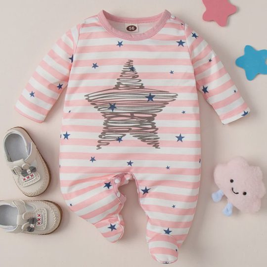 【0M-12M】Baby Girl Pink Striped Star Print Long Sleeve Romper