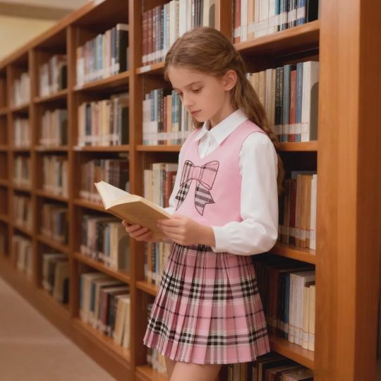 【3Y-7Y】Girls Collared Long-Sleeve Ruffle Blouse, V-Neck Embroidered Vest, And Plaid Pleated Skirt 3-piece Set