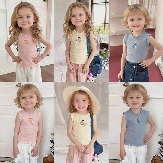 【18M-9Y】Kids Girls Sweet Solid Color Ruffle Trim Sleeveless T-Shirt Casual Summer Top