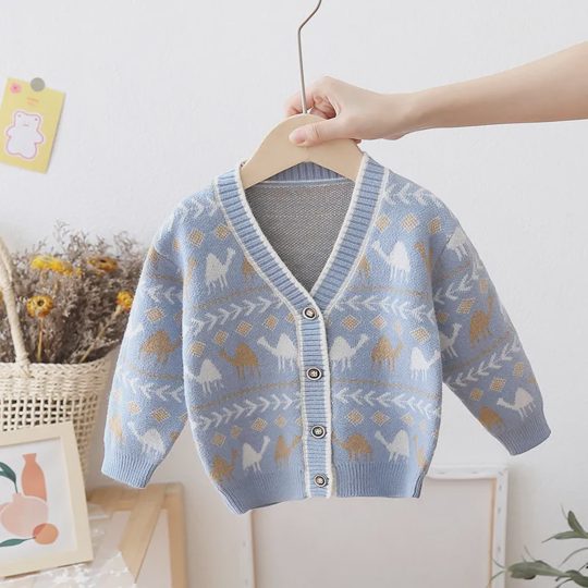 【12M-5Y】Boys Camel Pattern V-Neck Knit Cardigan