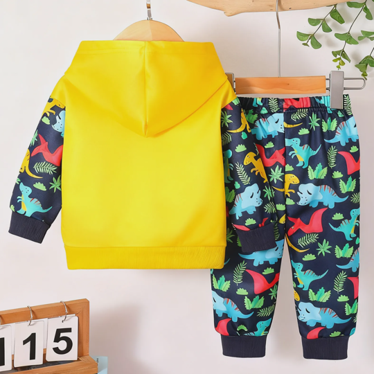 【6M-3Y】Boys Fleece-Lined Hooded Dinosaur Print Long Sleeve Top And Pants Set