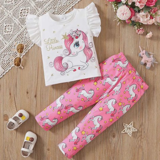 【2Y-8Y】2-piece Girls Cute Unicorn Print Ruffle Top And Pants Set