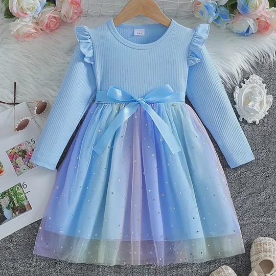 【18M-6Y】Girls Rainbow Star Sequin Mesh Princess Dress