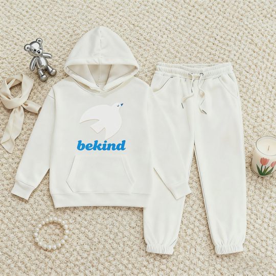 【2Y-13Y】Fleece-Lined Hoodie And Joggers Set With Be Kind Pigeon Design For Kids