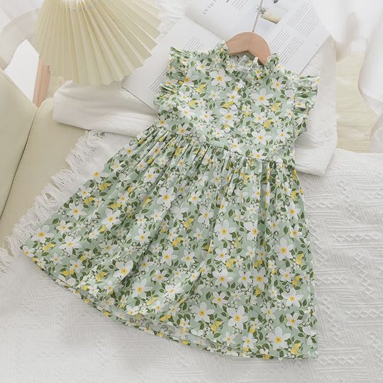 【18M-6Y】Girls' Stand Collar Flutter Sleeve Floral Button-Up Doll Dress
