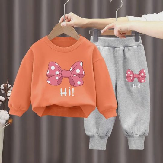 【18M-10Y】2-piece Girls Multicolor Bow Print Long-sleeved Sweatshirt And Pants Set - 34430