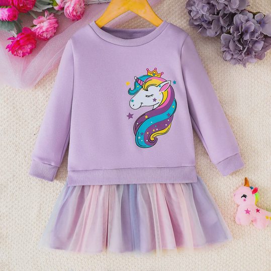 【2Y-7Y】Girls Cute Unicorn Print Purple Sweatshirt Dress
