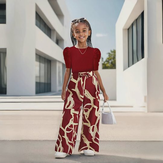 【3Y-13Y】2-piece Girls Black Puff Sleeves Top And Pants Set