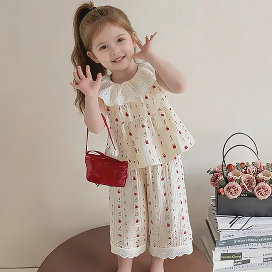 【12M-13Y】Girls' Lace Polka Dot Top + Pants Set