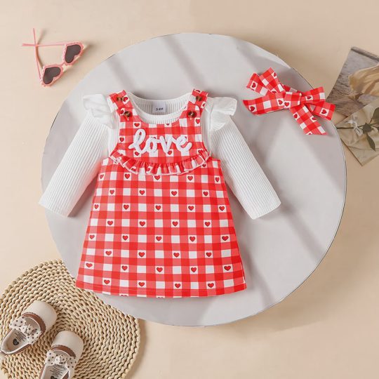【0M-18M】Girls Ribbed Long Sleeve Top, Plaid Suspender Skirt, And Headband 3-piece Set