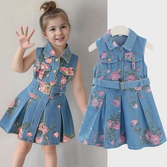 【18M-7Y】Girls' Floral Print Sleeveless Waist-Cinching Lapel Denim Tank Dress