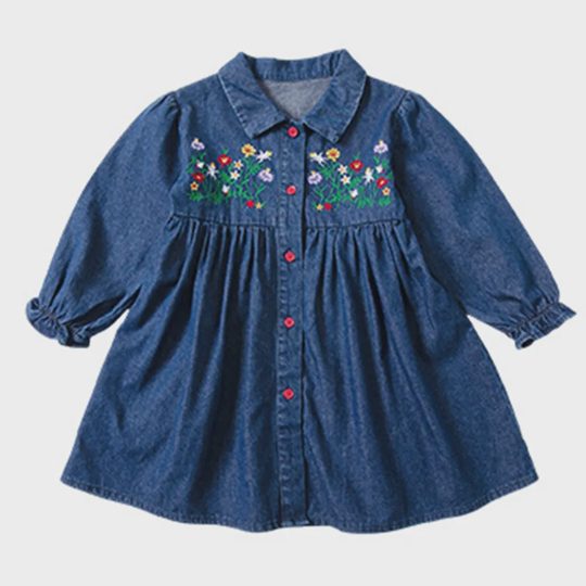 【18M-8Y】Girls Sweet Floral Embroidery Lapel Denim Dress